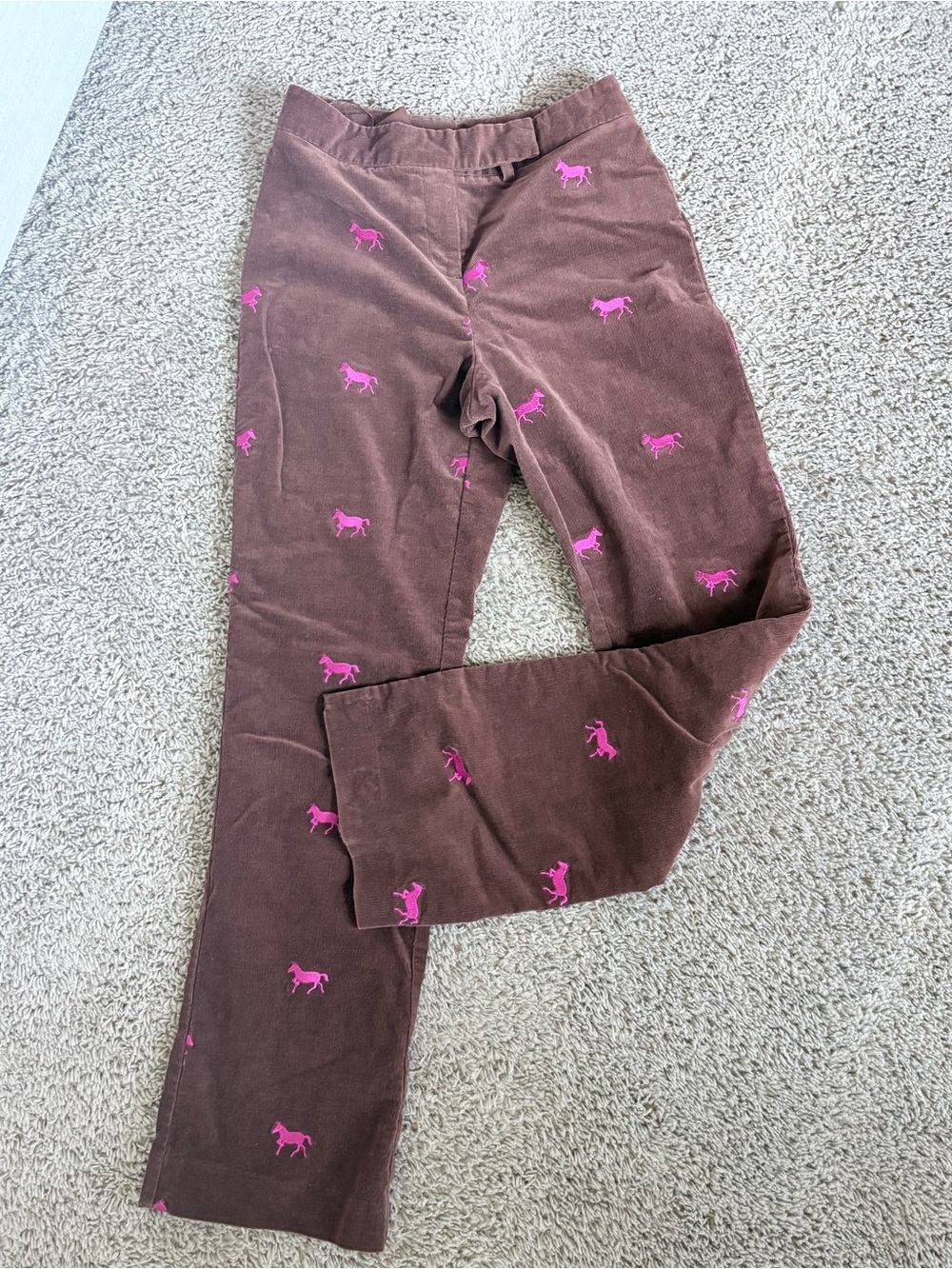 Lilly Pulitzer Brown Corduroy Pants with Pink Horse Embroidery – Size 2